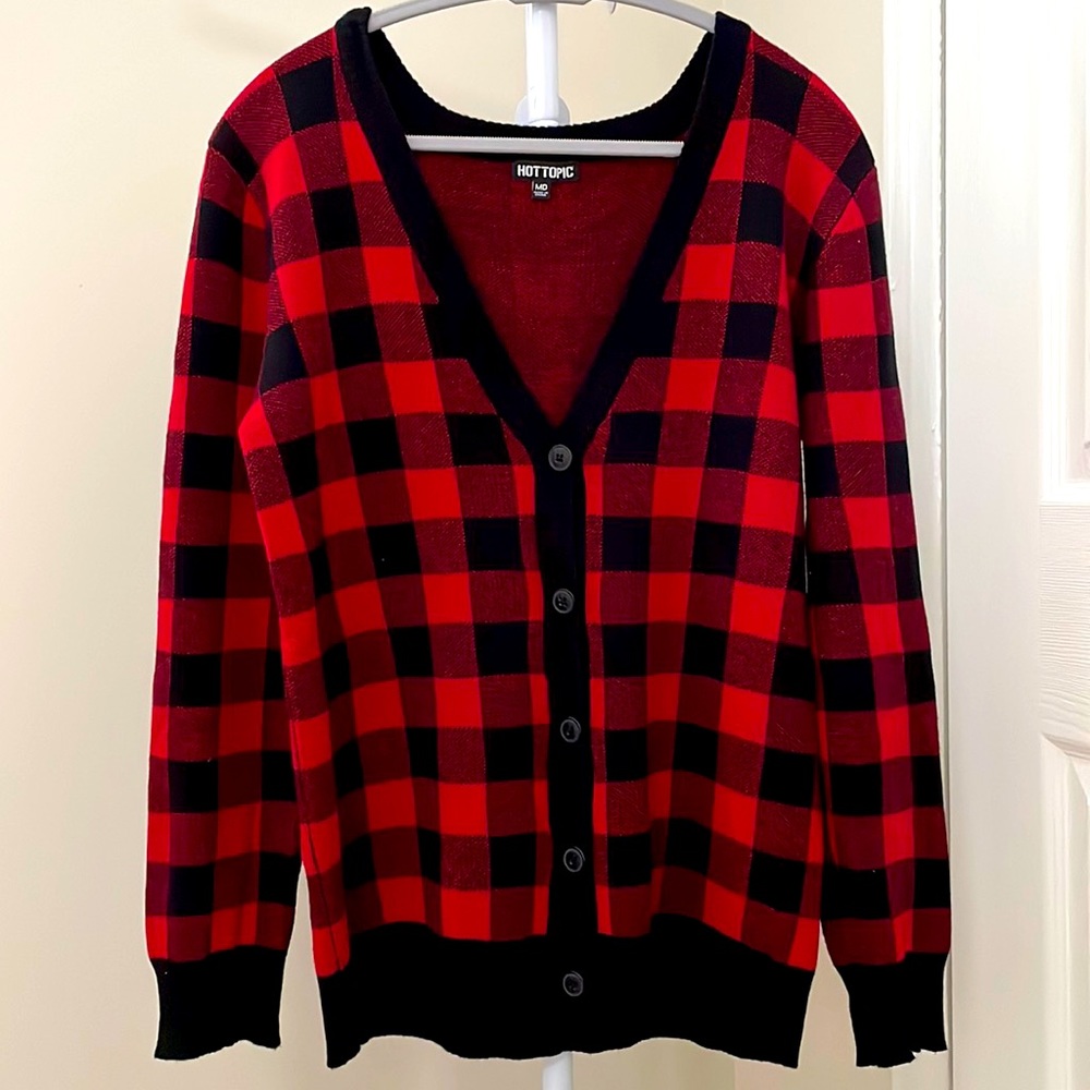 Hot Topic Red Black Checkered Knit Cardigan Sweater size M